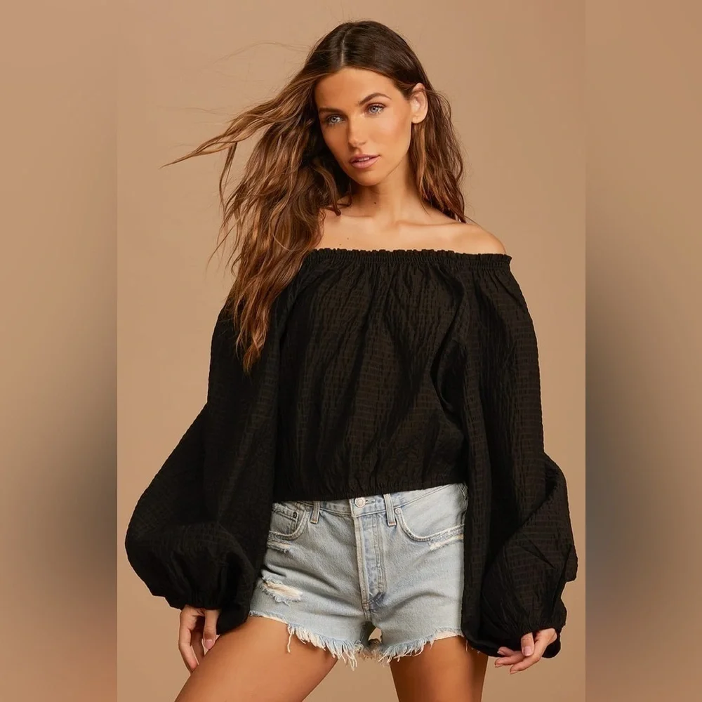 Free People - Alicia Black Off The Shoulder Puff Sleeve Tie Back Crop Top Size S